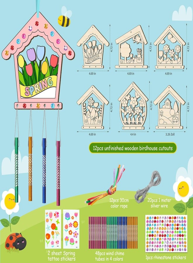 TREACLUB 12PCS Birdhouse Wind Chime Kit for Kids Make Your Own Hollow Out Bird House Wind Chime DIY Coloring Wood Crafts Spring Wooden Arts and Crafts for Boys Girls School Activities Party Decoration - Image 2